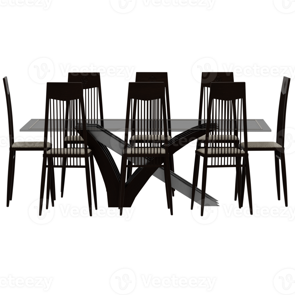 A modern dining table with six chairs png