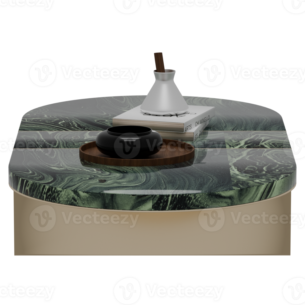 A marble table with a book and a bowl on top png