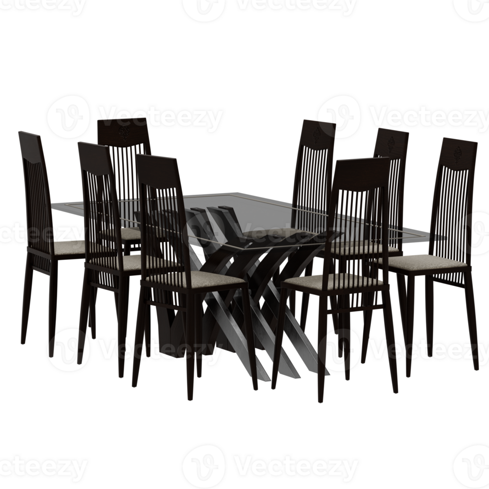 3d dining table with six chairs and a glass top png