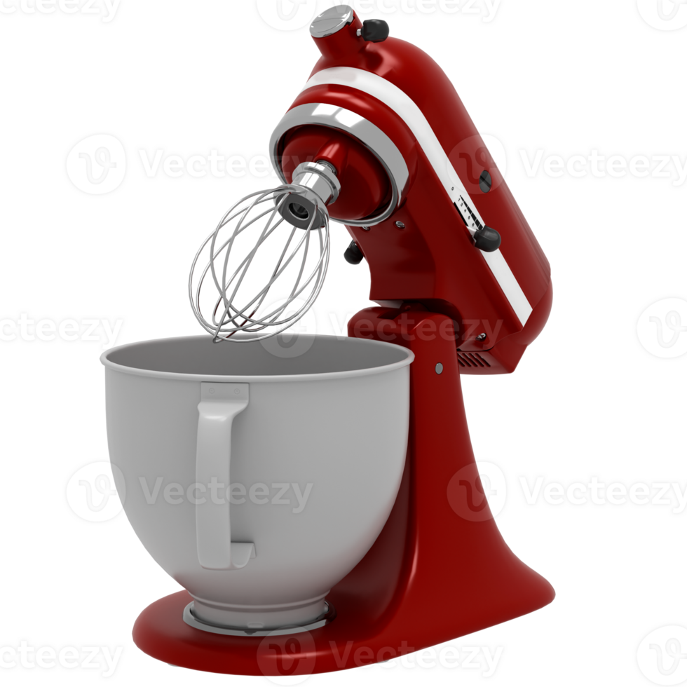 A red mixer is sitting on top of a white bowl png