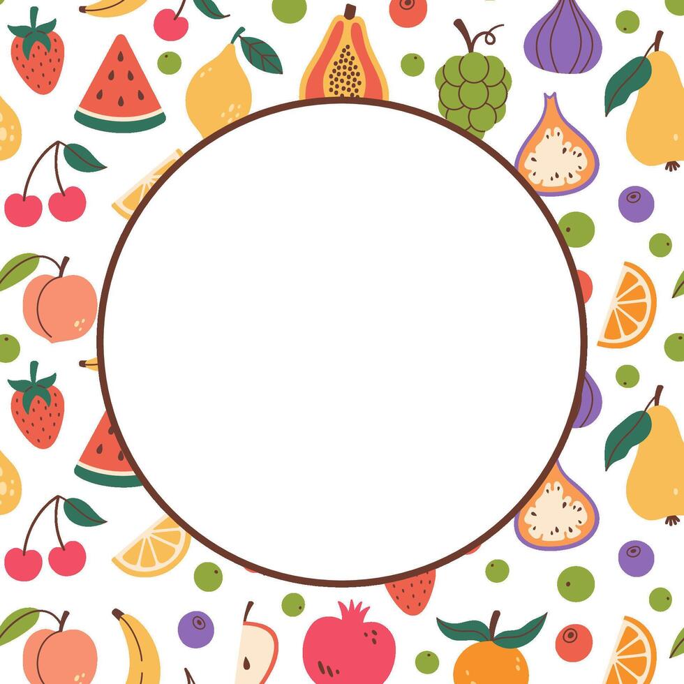 Exotic fruits round frame in doodle style. Circular copy space with fruits pattern background. Hand drawn Fruits circle border. Circular copy space template. illustration isolated on white. vector