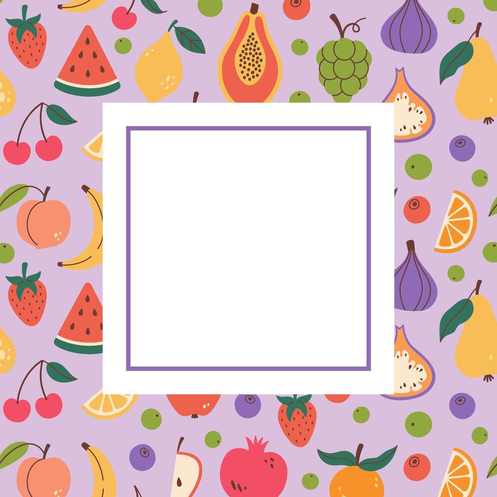 Fruit harvest festival design. Square frame with fruit pattern background in doodle style. Hand drawn Fruits Square border banner. Square copy space template. illustration isolated on white. vector