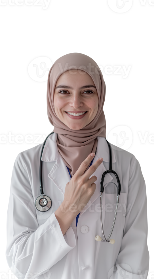 Smiling hijab-wearing female doctor with a welcoming gesture png