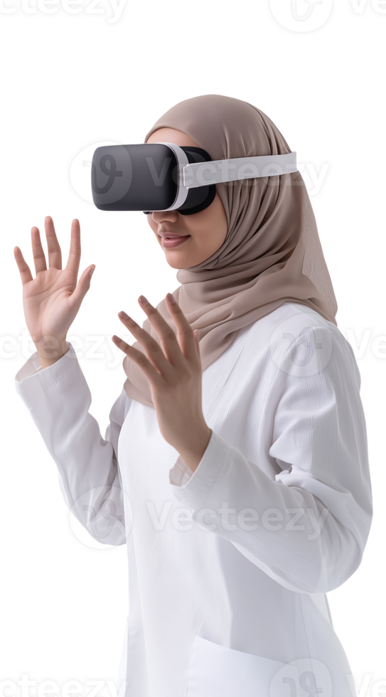 Female doctor in hijab using VR headset with expressive gestures png