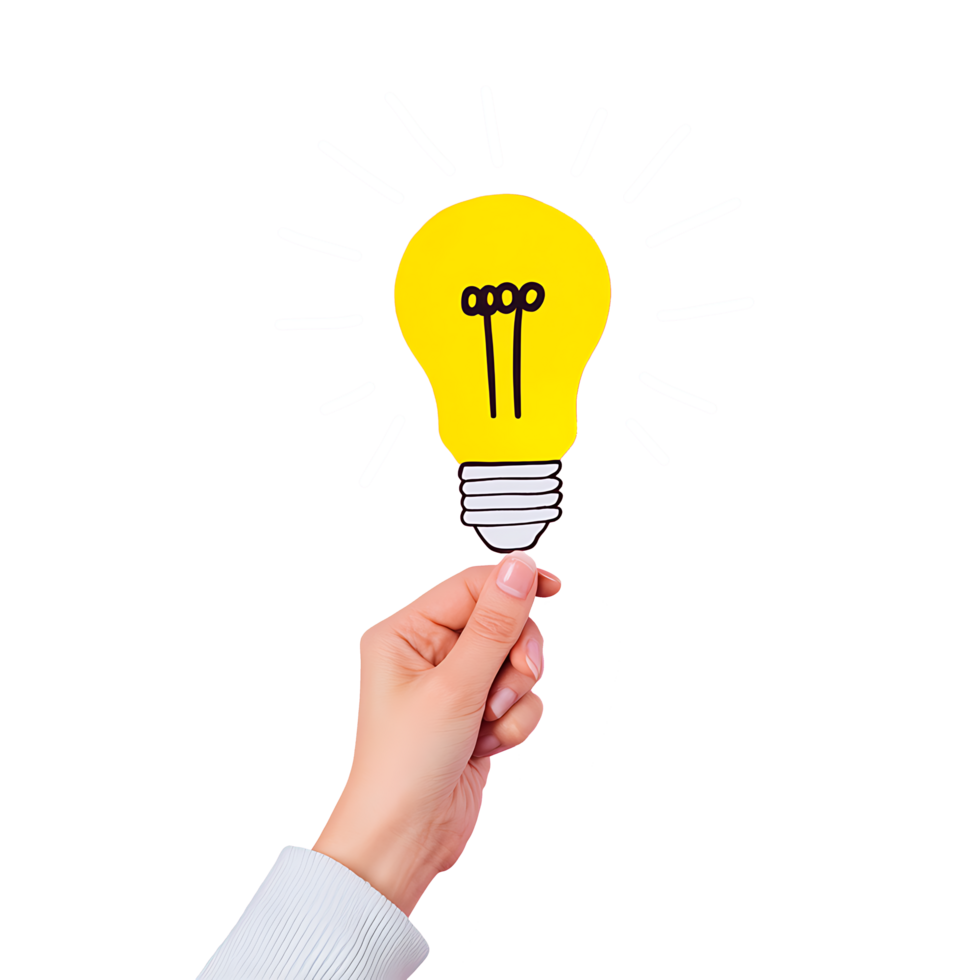 Hand holding a yellow lightbulb cutout. Idea, innovation, solution concept. png