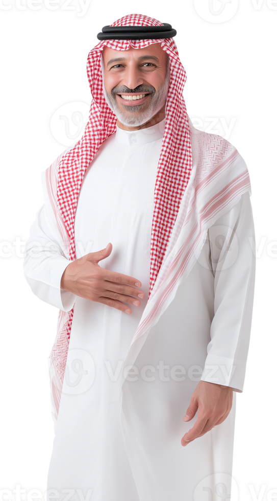 Saudi man in white thobe and ghutra making expressive gestures png