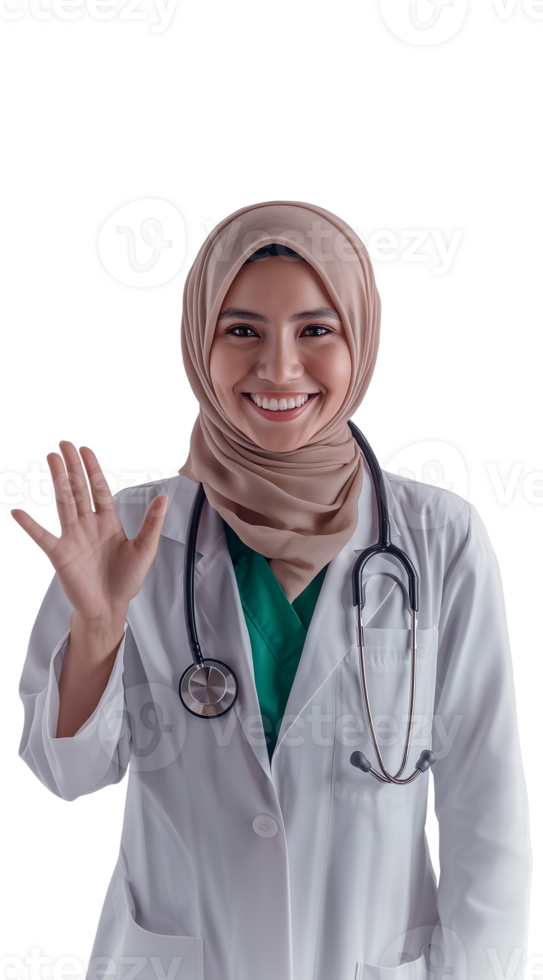 Female doctor in a white coat with stethoscope and friendly expression png