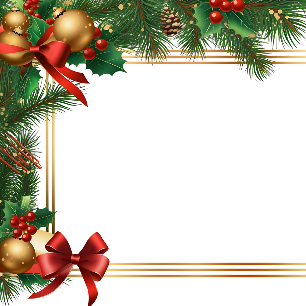Christmas frame with pine, holly, and ornaments png
