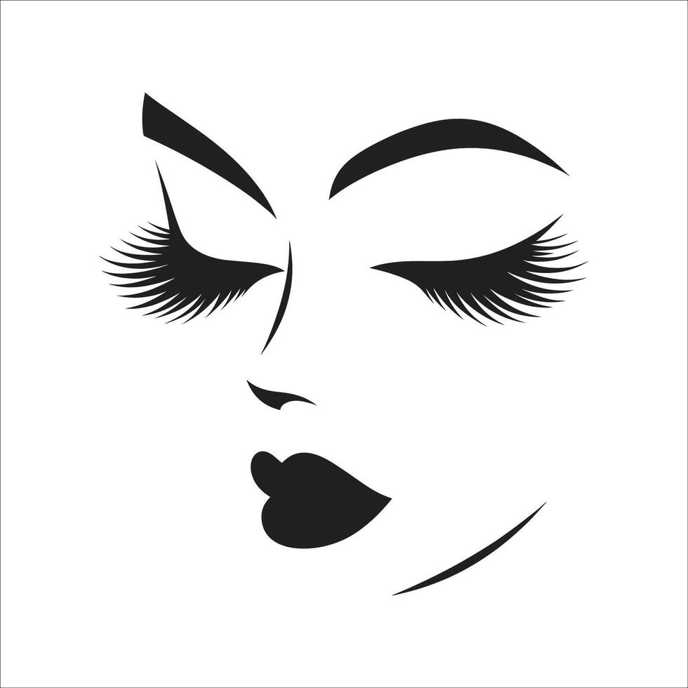Beautiful Woman Face With Black Lips, Lush Eyelashes Symbol Icon Silhouette Design On White Background vector