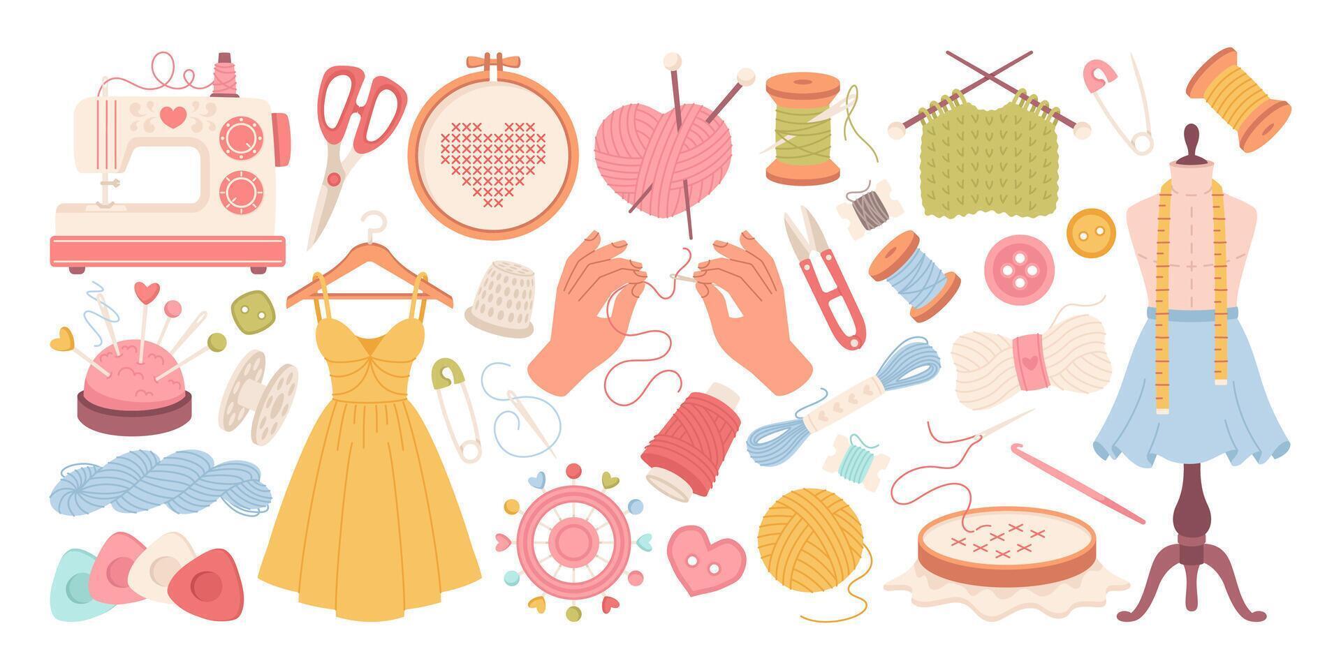 Sewing kit, collection of sewing tools and knitting accessories, hand drawn and isolated on white background vector