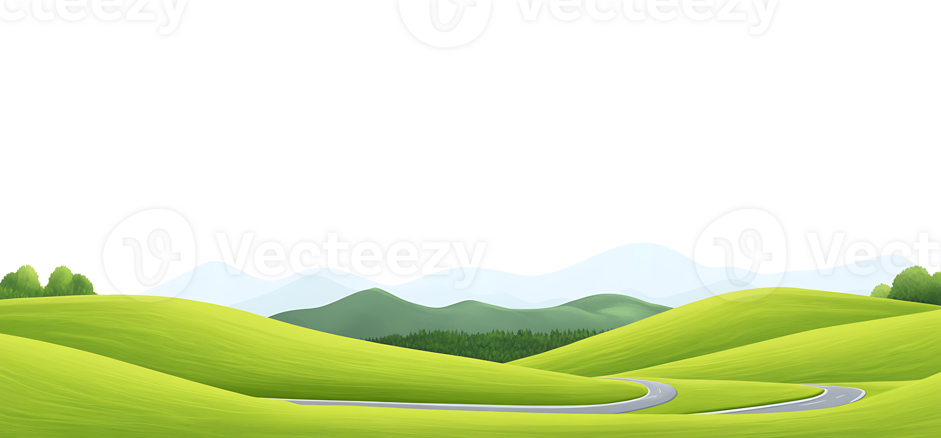 Idyllic countryside landscape with rolling green hills and winding road. png