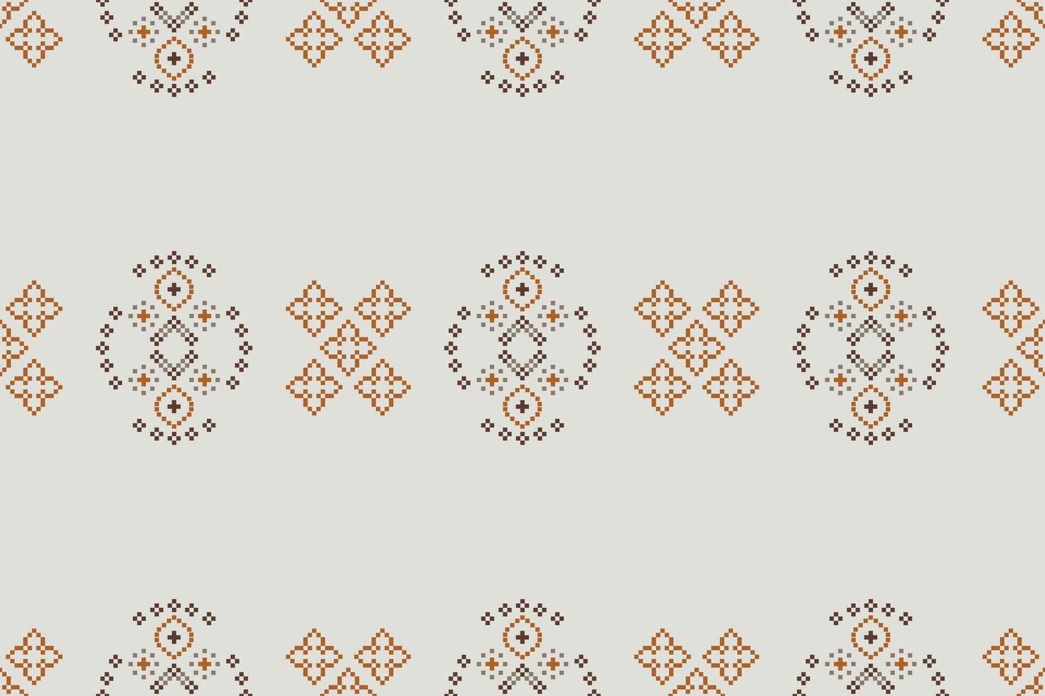Ethnic pattern with brown cream background fabric cross stitch pixel art decor. vector