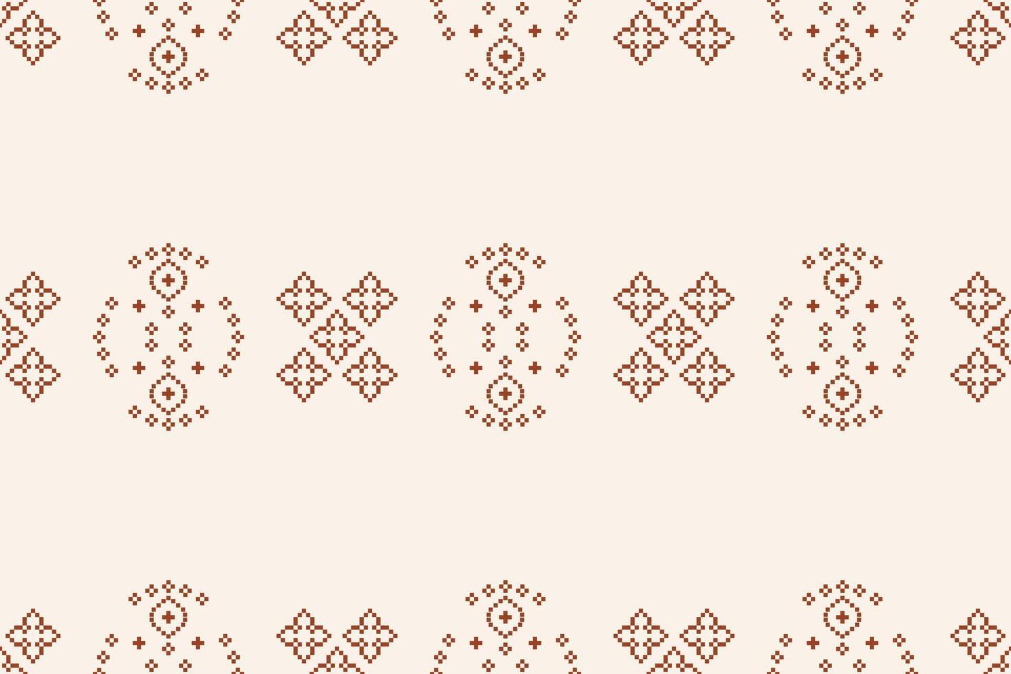 Cross stitch ethnic pattern with brown cream background fabric pixel art decoration. vector