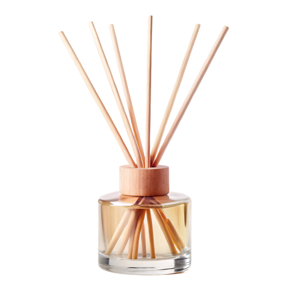 A glass diffuser bottle with lightly stained wood elements and simple reed sticks, offering a cozy, natural vibe for home scents, set against a transparent background png