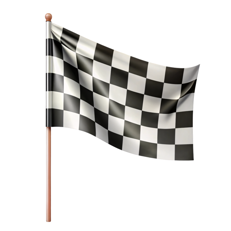 A waving black-and-white checkered flag attached to a wooden pole, symbolizing the victorious end of a race, set against a transparent background png