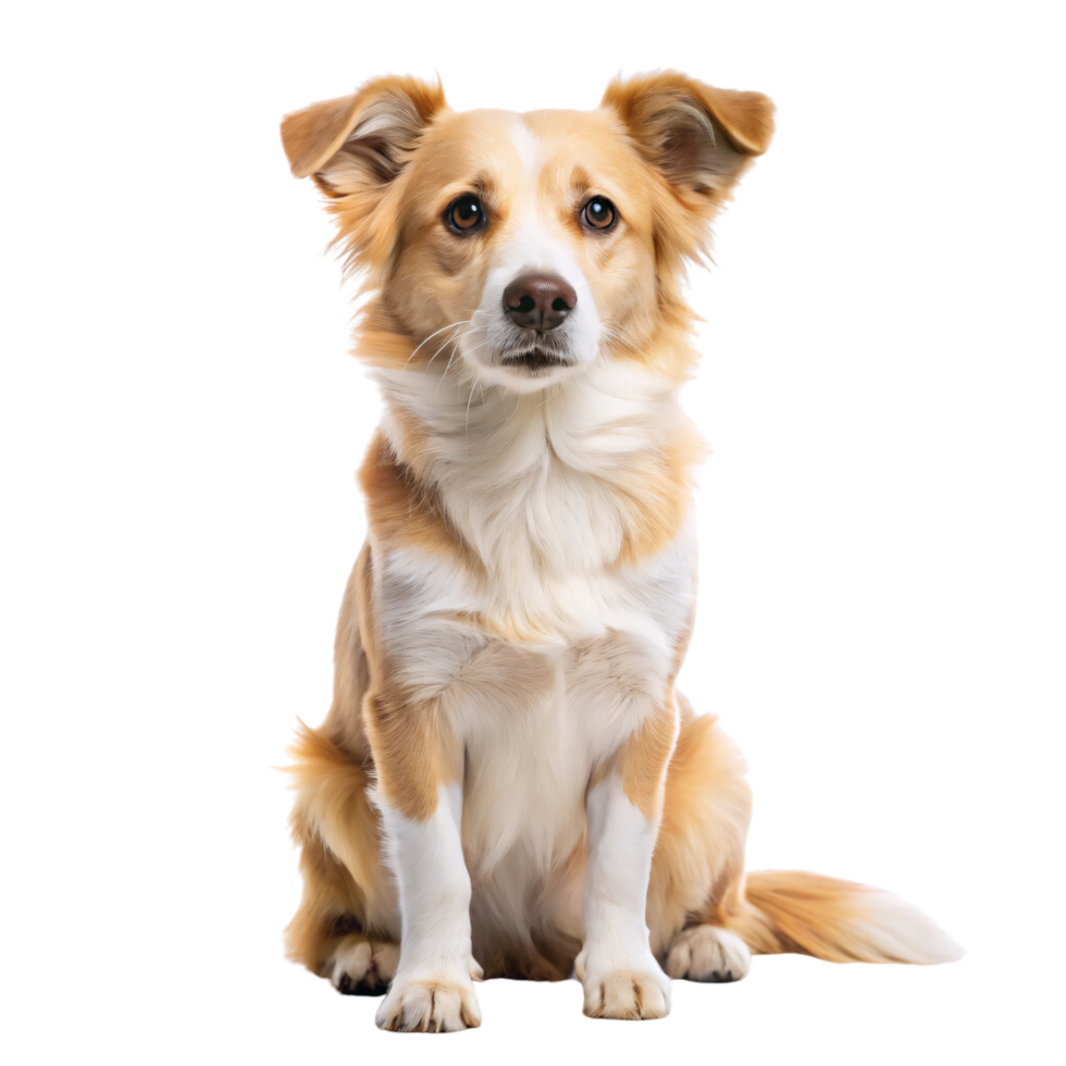 A sitting tan-and-white dog with alert eyes and a fluffy coat, gazing softly ahead. Its ears are perked up, giving a calm, attentive look, set against a transparent background png