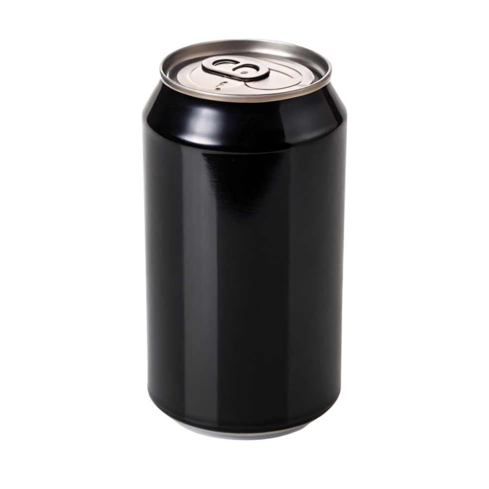 A solid black soda can, emphasizing its reflective, mirror-like finish and minimalistic aesthetic png
