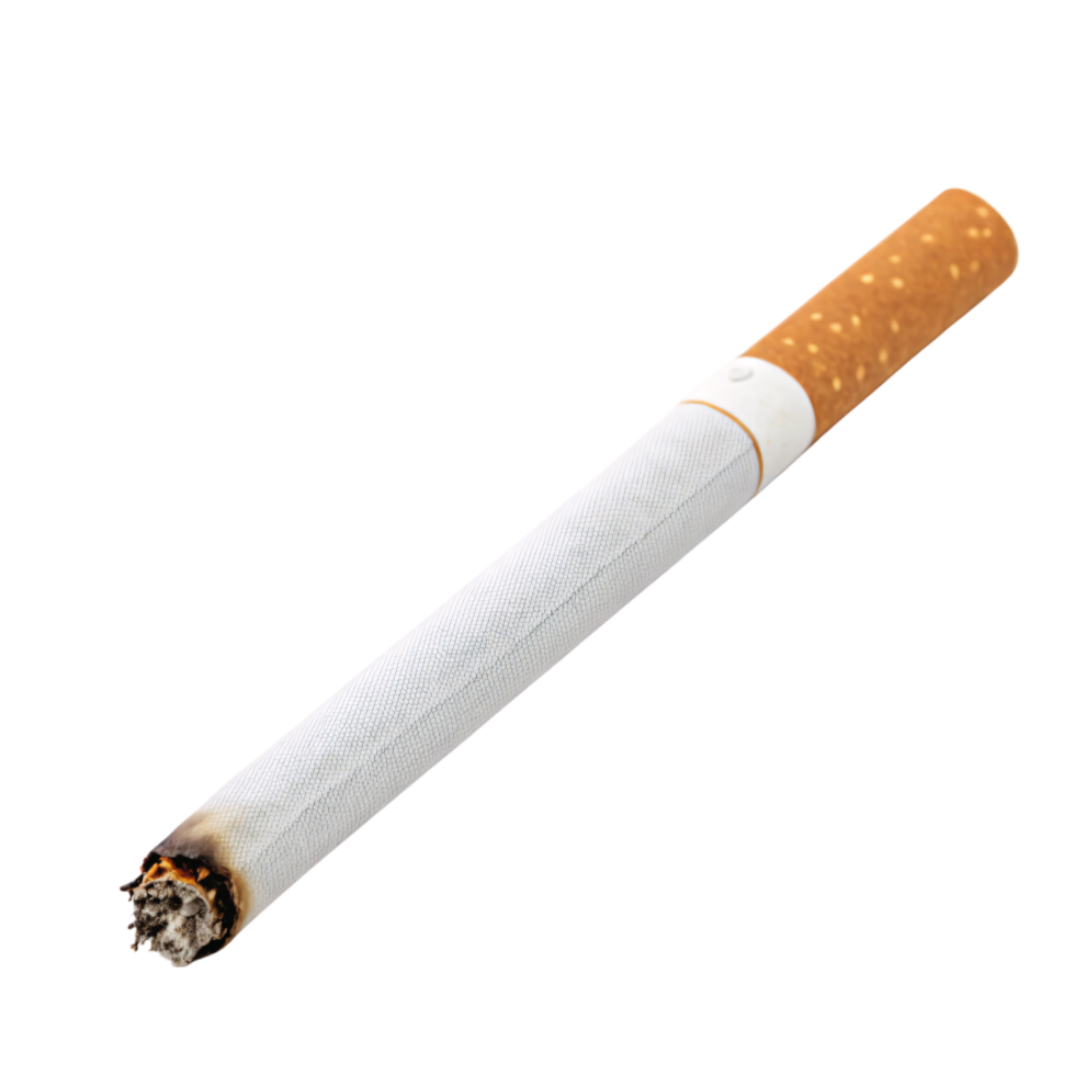 A close-up of a cigarette's burnt end, highlighting the ash and glowing embers, alongside the white wrapping and orange filter design png