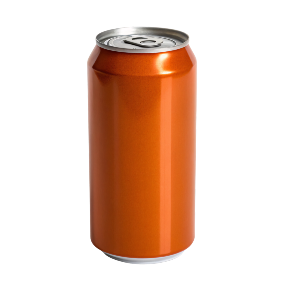 A vibrant orange soda can with a shiny metallic finish and a standard silver pull-tab design, reflecting light elegantly png