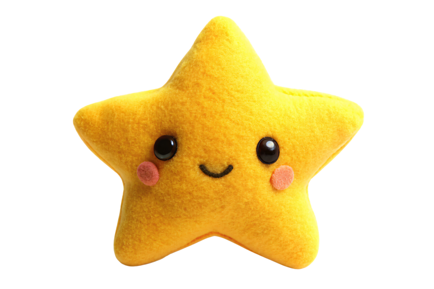 A bright yellow star-shaped plush toy with a happy face, big black eyes, and pink cheeks, set against a transparent background. Its soft and vibrant appearance is adorable png