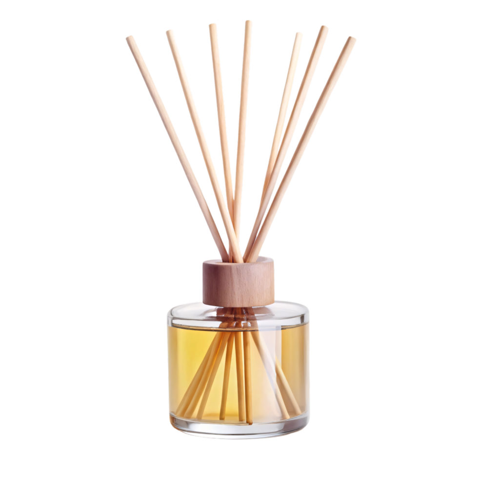 A simple, minimalist diffuser with a clean, transparent bottle, set against a transparent background. The light wood and neutral tones make it a stylish home accessory png