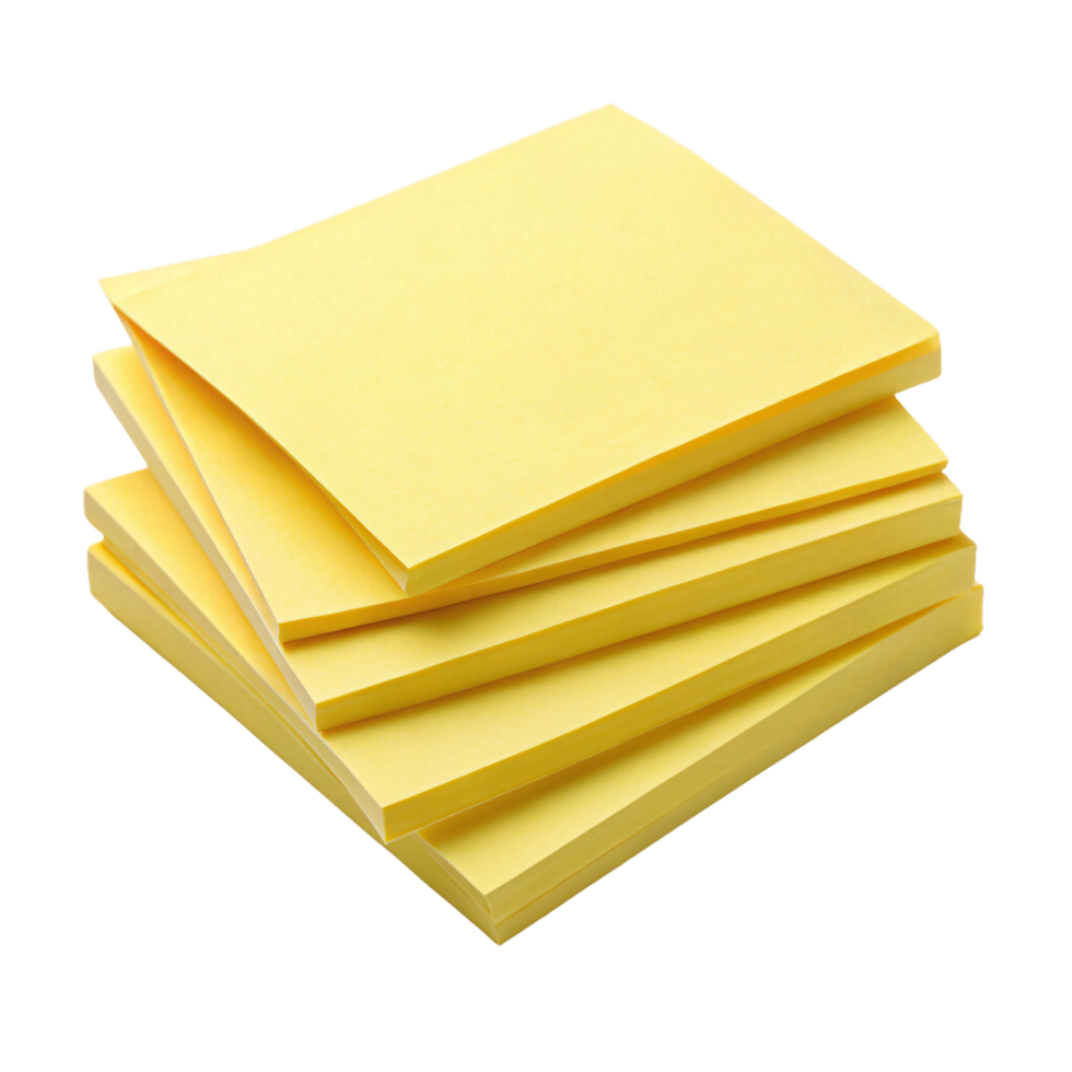 A neat stack of yellow square sticky notes arranged diagonally, showcasing smooth edges and vibrant paper texture png