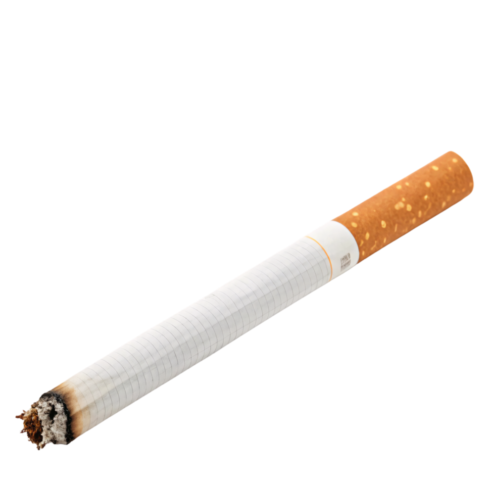 A slightly burnt cigarette with the embered tip and filter visible, showing its rolled paper texture, displayed against a plain background png