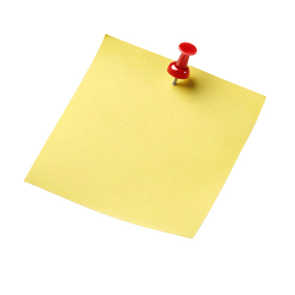 A bright yellow square sticky note pinned with a red pushpin against a black background, slightly tilted for dynamic effect png