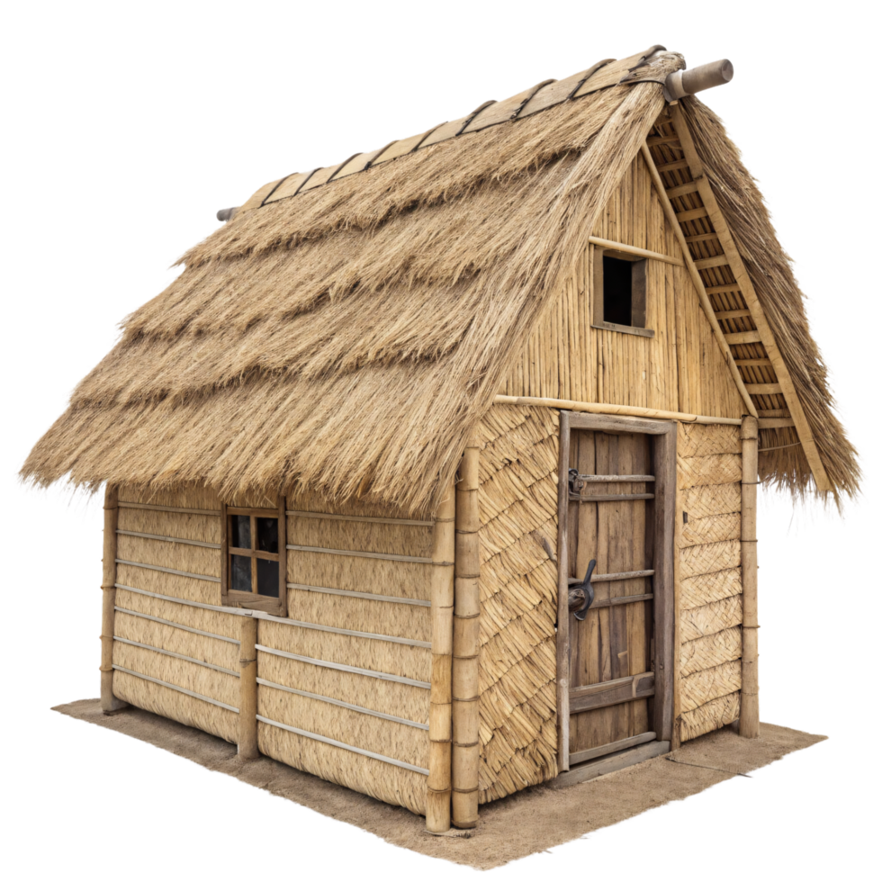 A traditional bamboo hut with a steep thatched roof, wooden door, and rustic charm, showcasing a blend of simplicity and functionality png