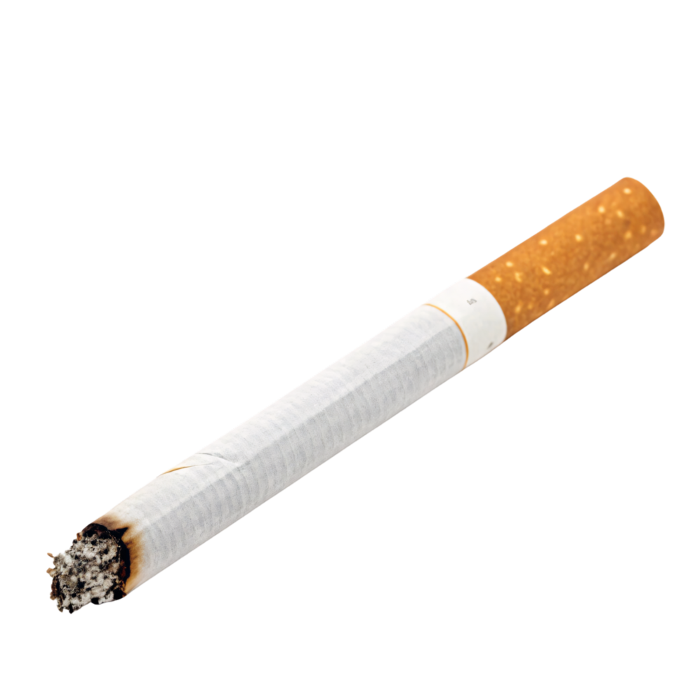 A single cigarette, partially burnt, with white paper wrapping and an orange filter, surrounded by scattered ash on a black background png