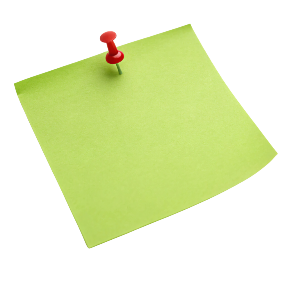 A subtle curve on the green sticky note, secured with a red pushpin, emphasizing a natural, lively look png