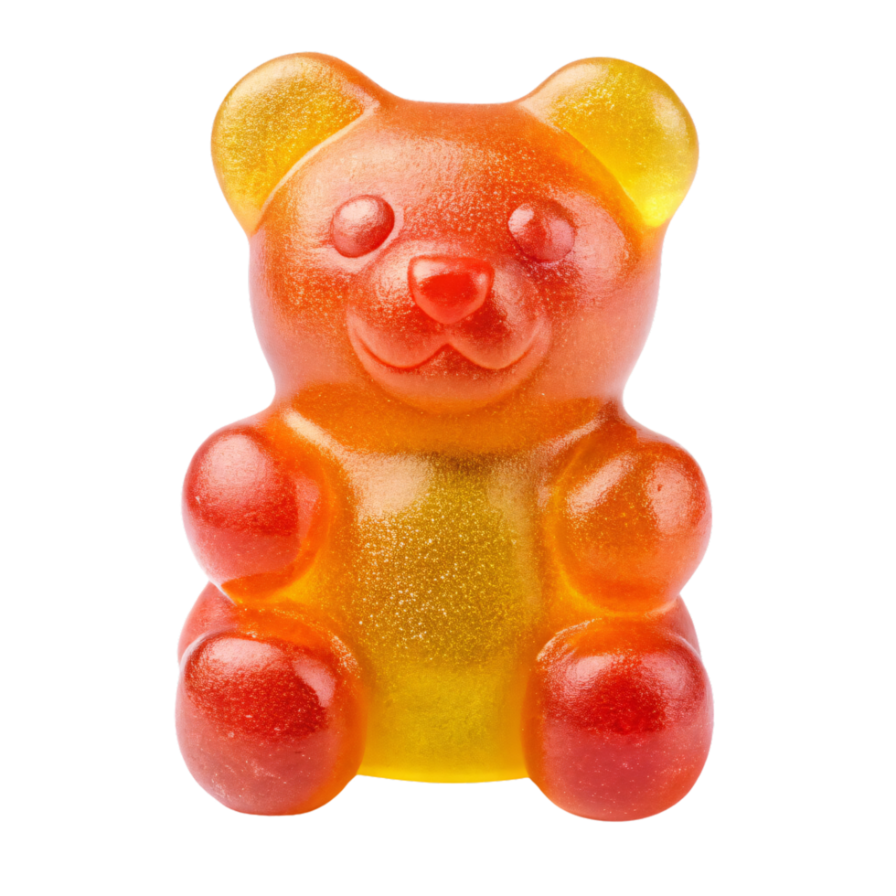 A yellow-orange gummy bear, blending from bright yellow to red. Its cheerful expression and translucent texture give it a sweet and inviting appearance, set against a transparent background png