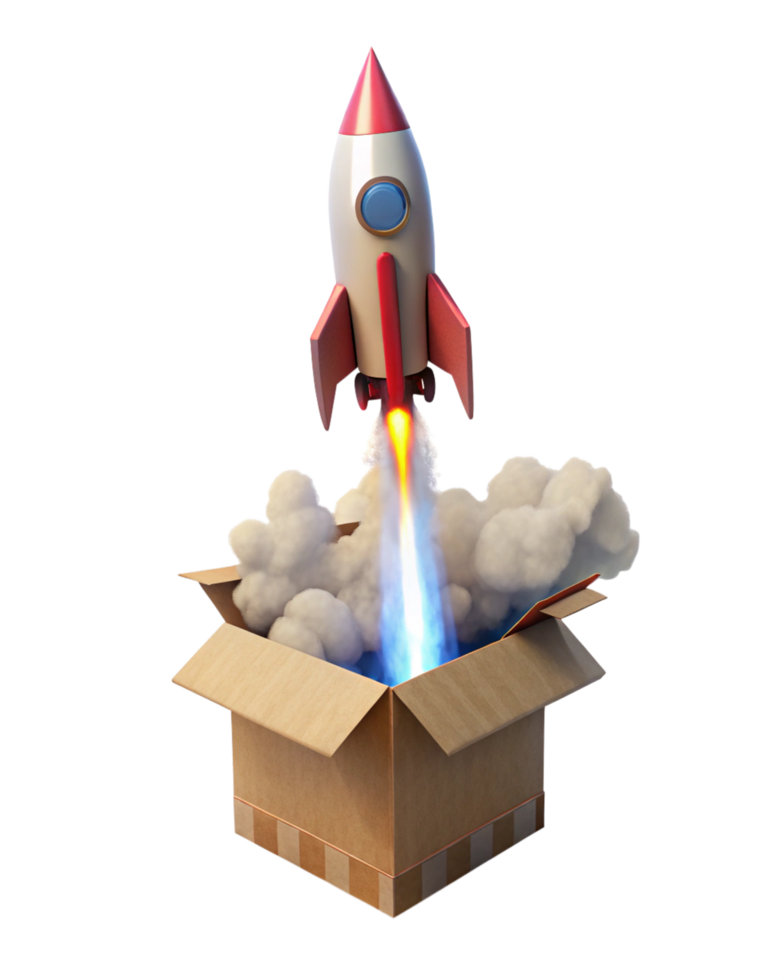 Playful rocket launch concept with cardboard box illustration png