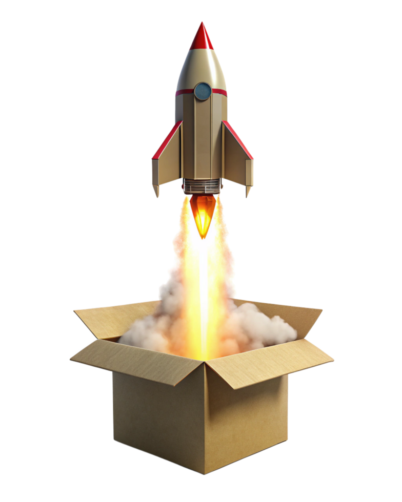 Rocket taking flight from cardboard box with energy trails png