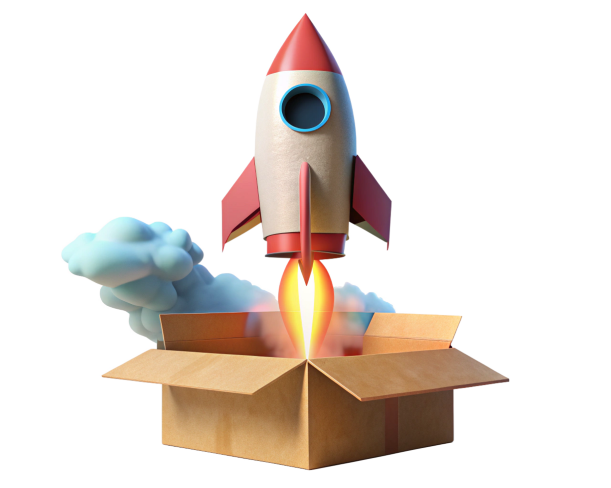 Creative rocket blasting off from a simple cardboard box png