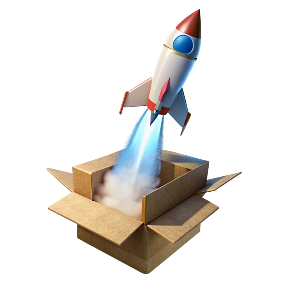Rocket launching from cardboard box with whimsical smoke png