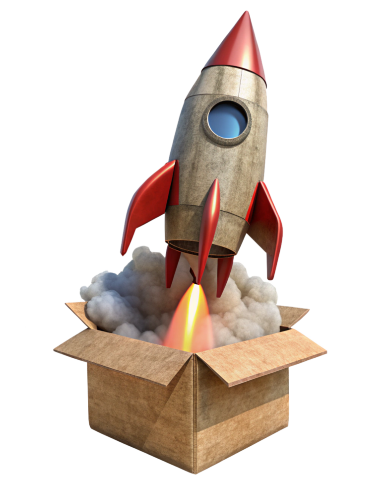 Vibrant rocket launch scene starting from a cardboard box png