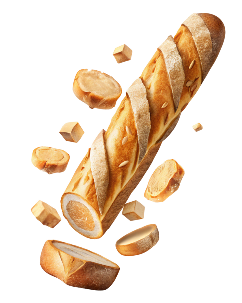 Artisan baguette bread with sliced portions in minimalist style png
