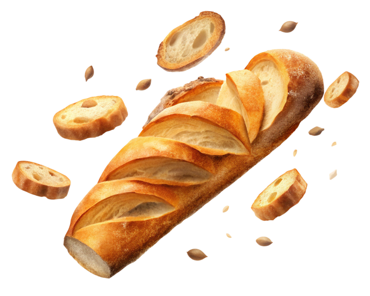 Crusty baguette loaf with slices and wheat decoration png
