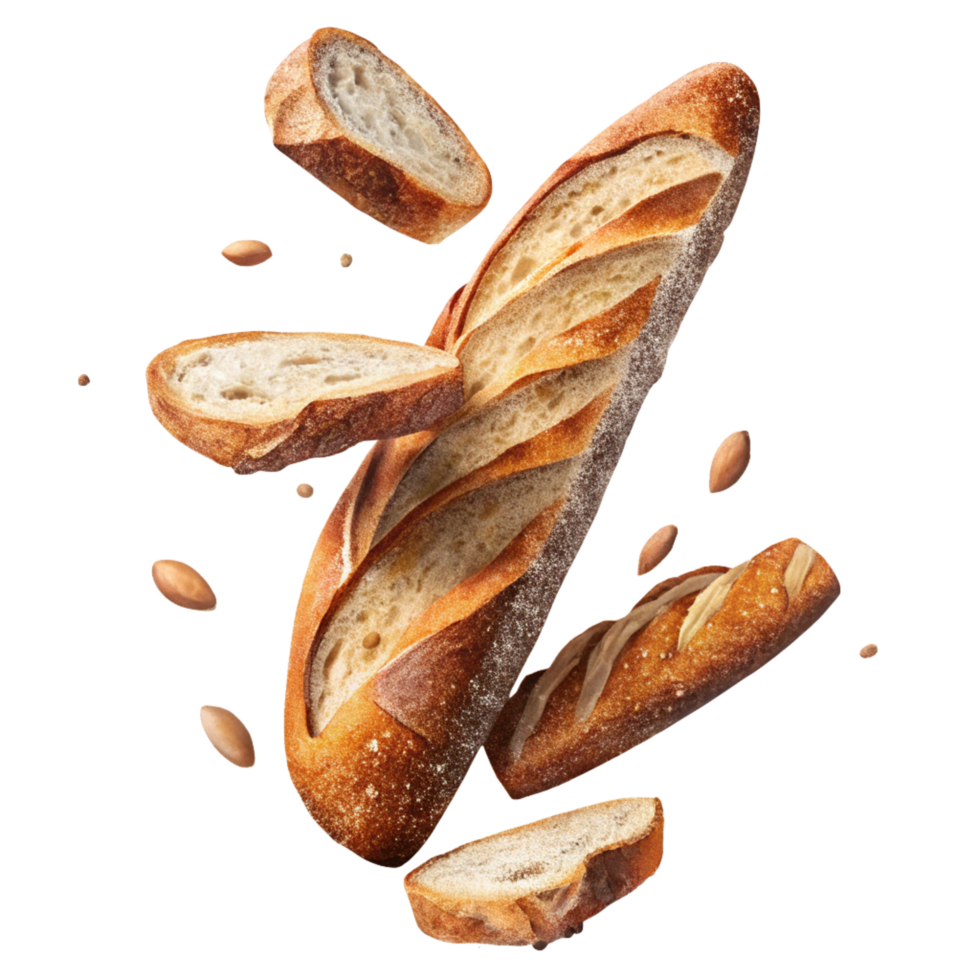Fresh baguette bread loaf with sliced edges on fabric cloth png