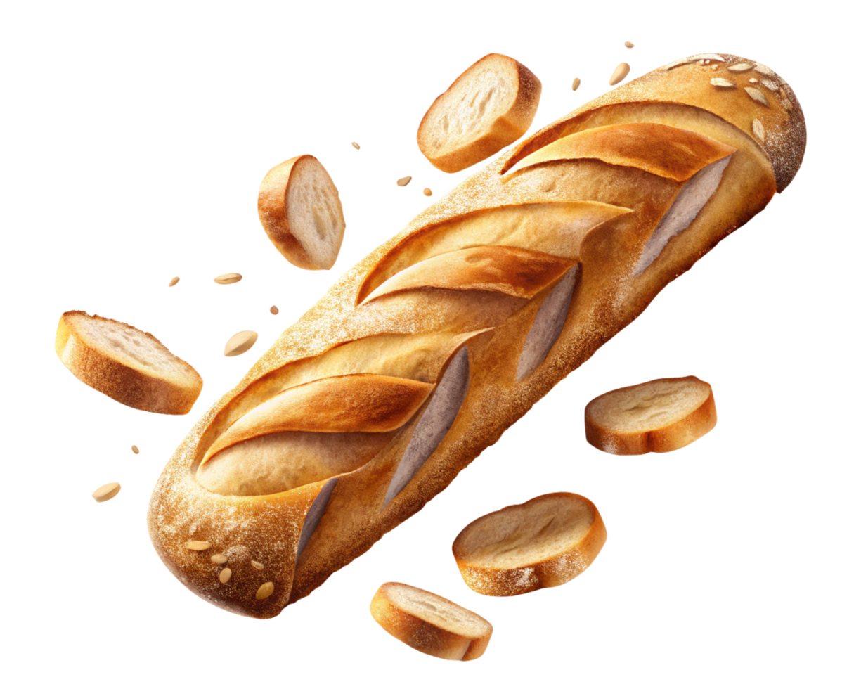 Golden baguette bread with sliced ends in natural setting png