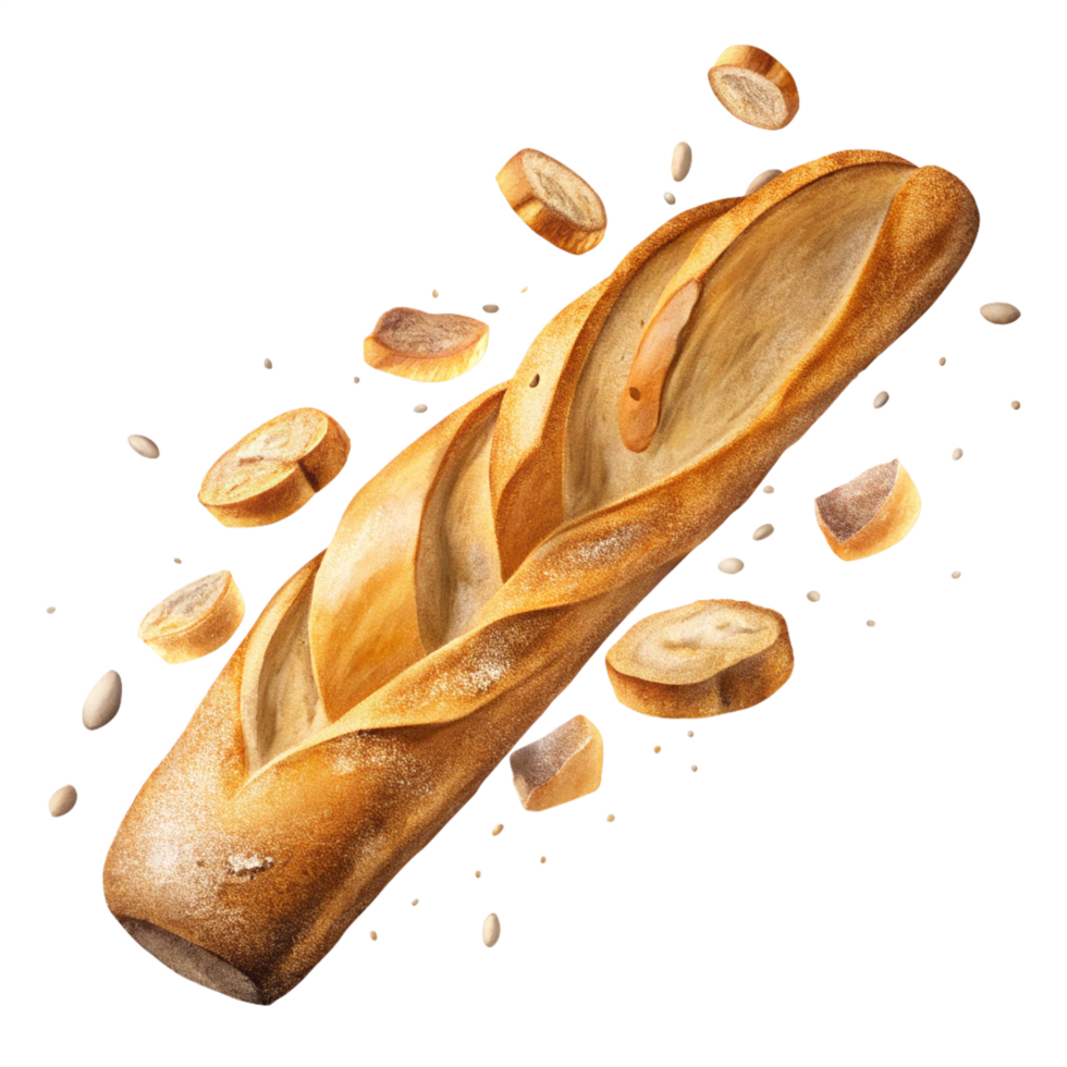 Freshly baked baguette bread with slices on rustic tray png