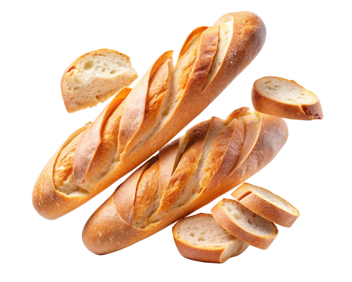 Rustic baguette loaf with slices and crumbs in natural light png