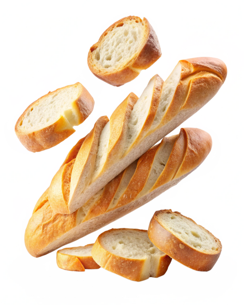 Fresh baguette bread with sliced ends on serving board png