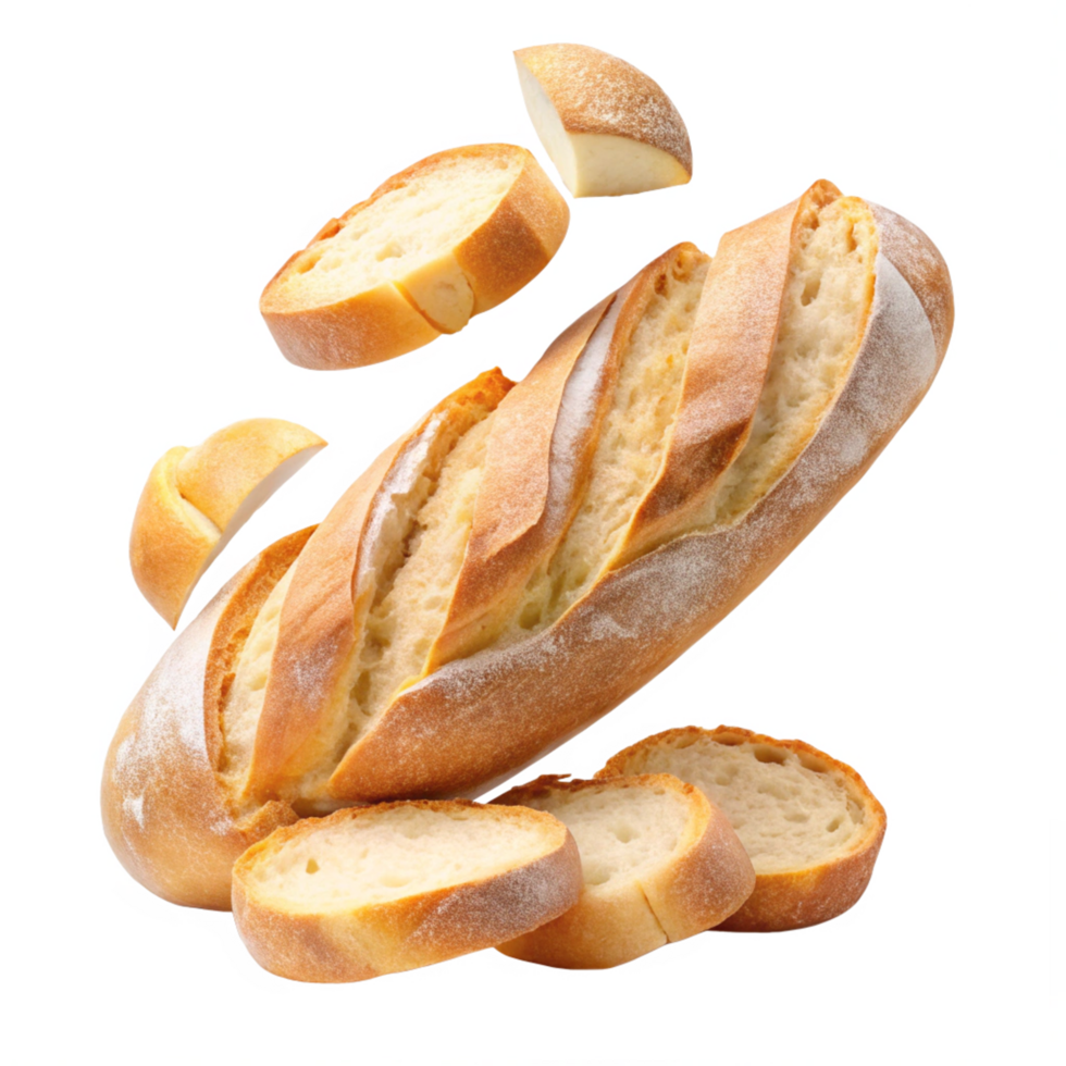 Artisan baguette loaf with slices on dark wooden table png