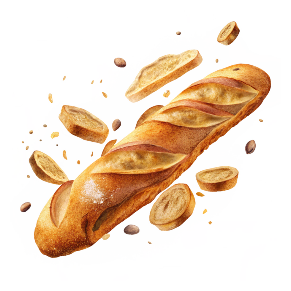 Crispy baguette bread with slices presented for serving png