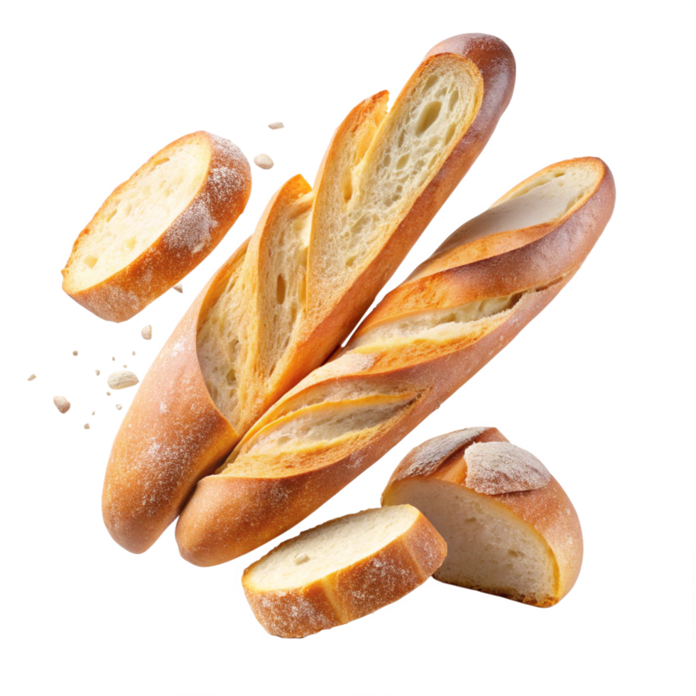 Traditional baguette loaf with golden crust and slices png