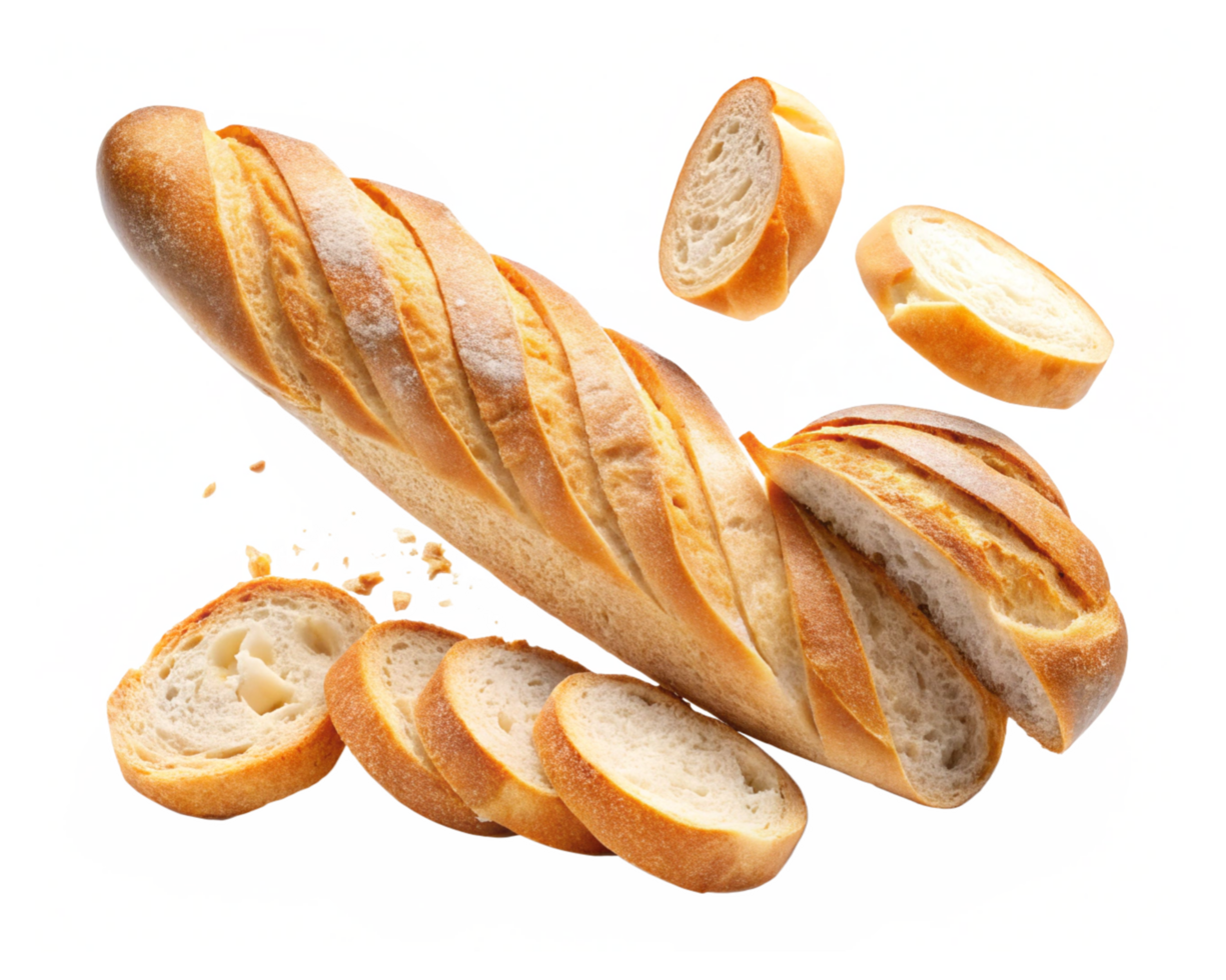 Rustic baguette bread loaf with slices on burlap cloth png