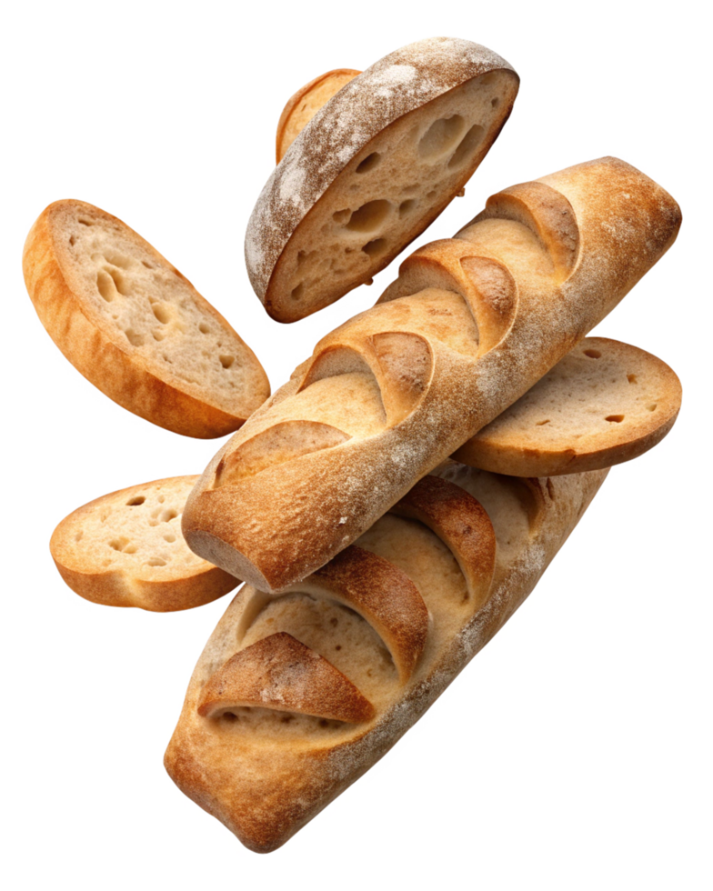 Crispy baguette bread with slices arranged in pattern png