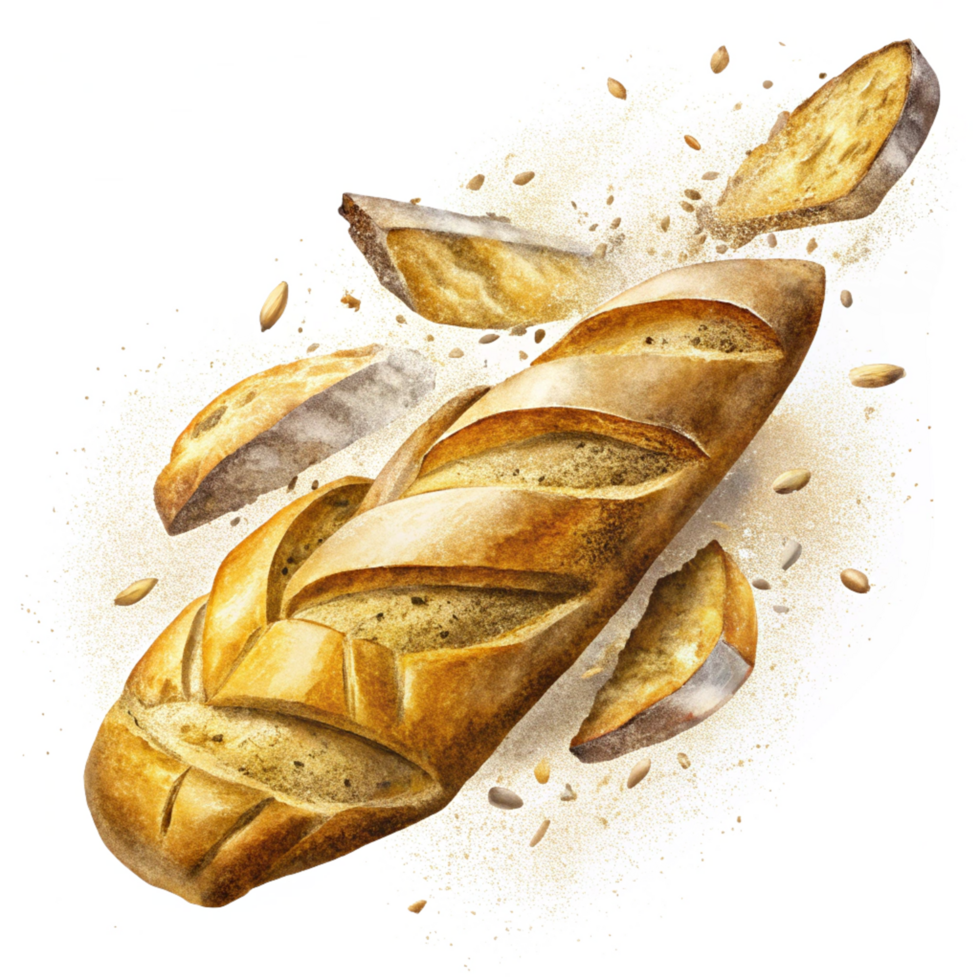 Traditional French baguette loaf with golden-brown slices png